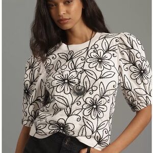Anthropologie Maeve Black and White Floral Puff Sleeve Blouse